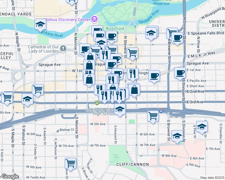 map of restaurants, bars, coffee shops, grocery stores, and more near 174 South Howard Street in Spokane