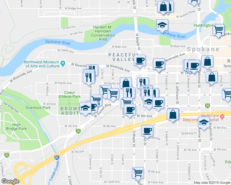 map of restaurants, bars, coffee shops, grocery stores, and more near 1725 West Pacific Avenue in Spokane