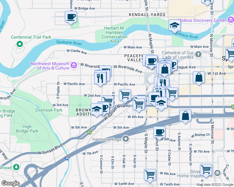 map of restaurants, bars, coffee shops, grocery stores, and more near 1818 West 2nd Avenue in Spokane