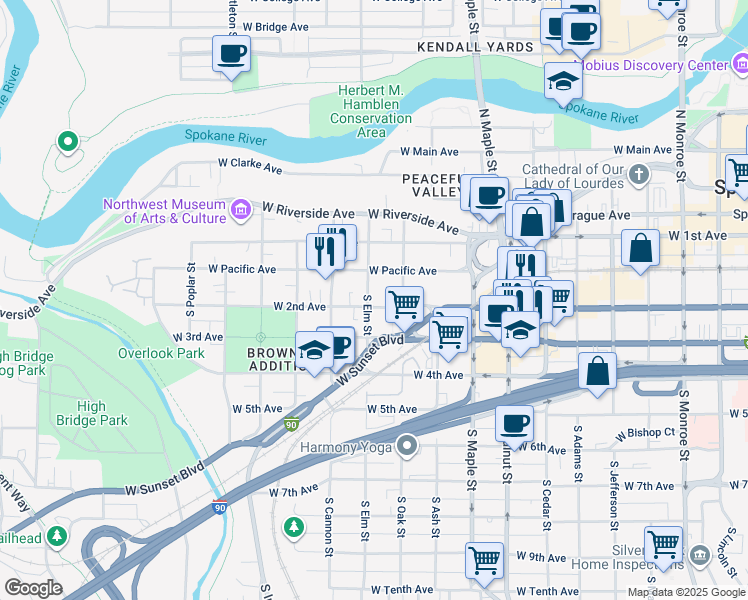 map of restaurants, bars, coffee shops, grocery stores, and more near 1818 West 2nd Avenue in Spokane