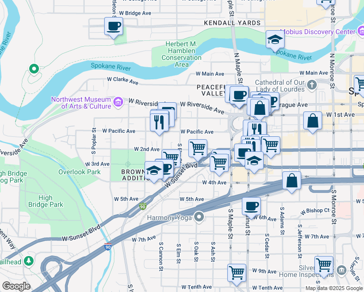 map of restaurants, bars, coffee shops, grocery stores, and more near 1818 West 2nd Avenue in Spokane