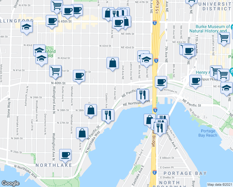 map of restaurants, bars, coffee shops, grocery stores, and more near in Seattle