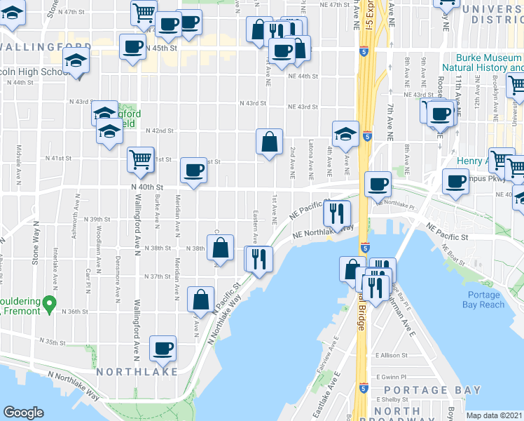 map of restaurants, bars, coffee shops, grocery stores, and more near in Seattle