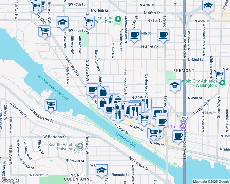 map of restaurants, bars, coffee shops, grocery stores, and more near 112 North Bowdoin Place in Seattle