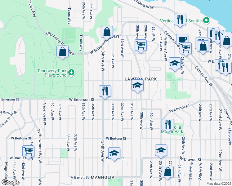 map of restaurants, bars, coffee shops, grocery stores, and more near 3831 32nd Avenue West in Seattle