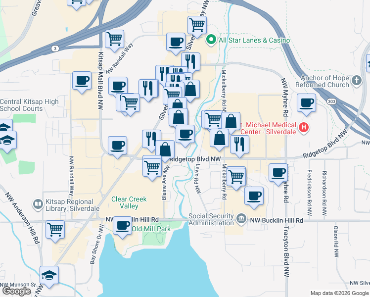 map of restaurants, bars, coffee shops, grocery stores, and more near 10015 Levin Road Northwest in Silverdale