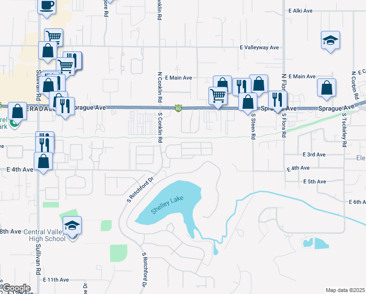 map of restaurants, bars, coffee shops, grocery stores, and more near 215 South Conklin Road in Spokane Valley