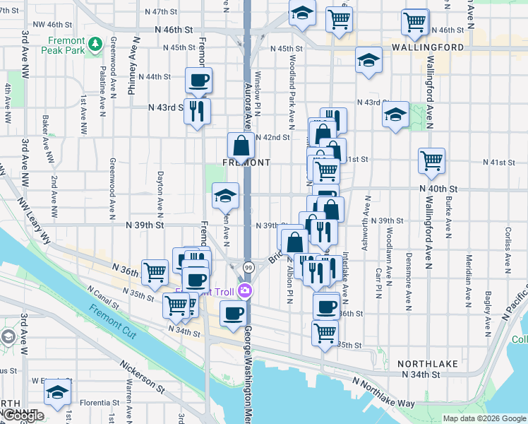 map of restaurants, bars, coffee shops, grocery stores, and more near 3926 Whitman Avenue North in Seattle