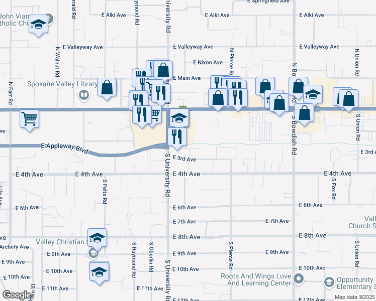 map of restaurants, bars, coffee shops, grocery stores, and more near 10807 East 3rd Avenue in Spokane Valley