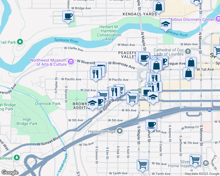 map of restaurants, bars, coffee shops, grocery stores, and more near 159 South Elm Street in Spokane