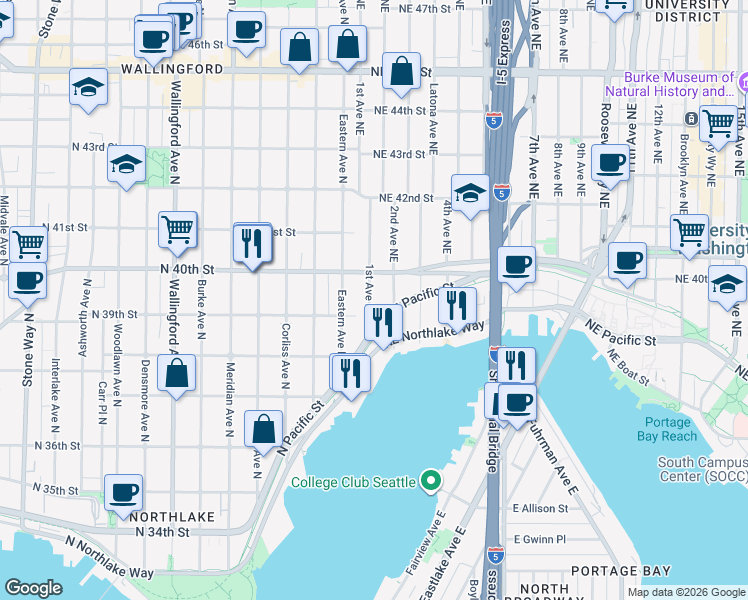 map of restaurants, bars, coffee shops, grocery stores, and more near in Seattle