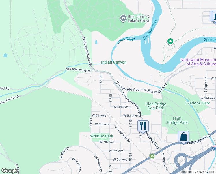 map of restaurants, bars, coffee shops, grocery stores, and more near 3403 West Pacific Avenue in Spokane