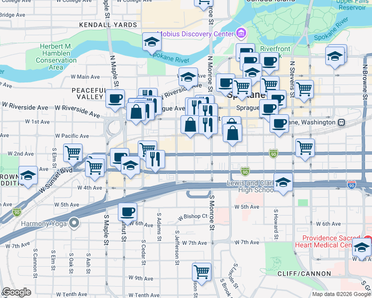 map of restaurants, bars, coffee shops, grocery stores, and more near 153 South Jefferson Street in Spokane