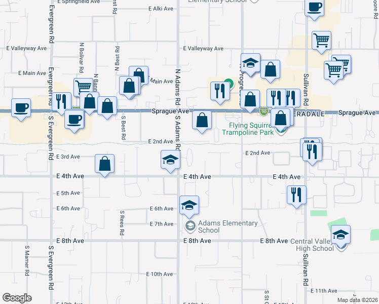 map of restaurants, bars, coffee shops, grocery stores, and more near 221 South Adams Road in Spokane Valley