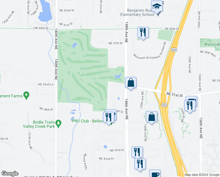 map of restaurants, bars, coffee shops, grocery stores, and more near 14606 Northeast 51st Place in Bellevue