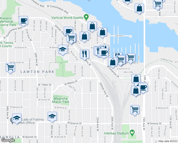 map of restaurants, bars, coffee shops, grocery stores, and more near 3833 23rd Avenue West in Seattle
