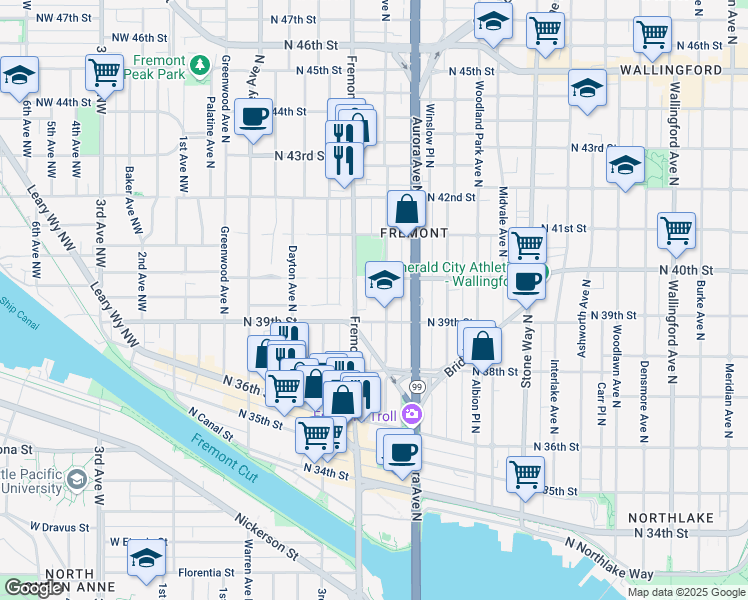 map of restaurants, bars, coffee shops, grocery stores, and more near 3921 Linden Avenue North in Seattle