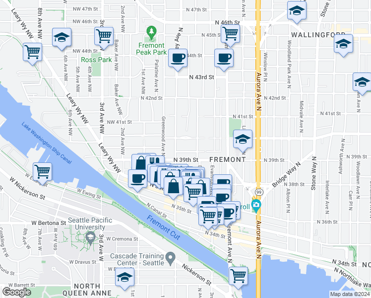 map of restaurants, bars, coffee shops, grocery stores, and more near 418 North Bowdoin Place in Seattle
