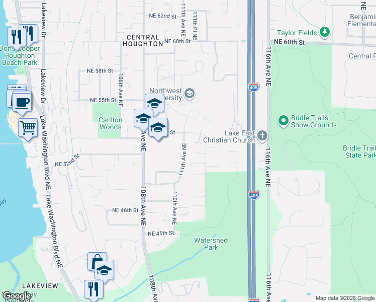 map of restaurants, bars, coffee shops, grocery stores, and more near 5210 111th Avenue Northeast in Kirkland