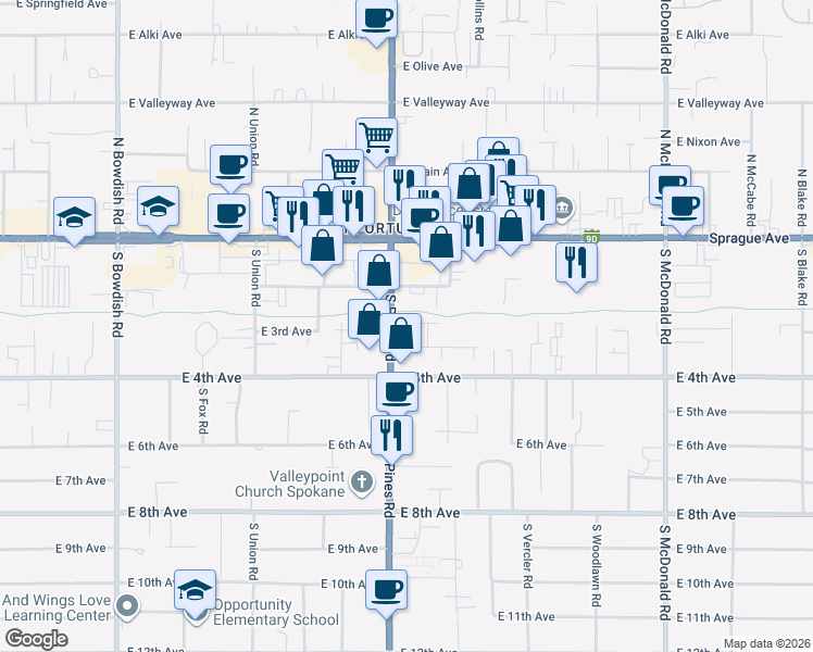 map of restaurants, bars, coffee shops, grocery stores, and more near 12406 East 1st Avenue in Spokane Valley