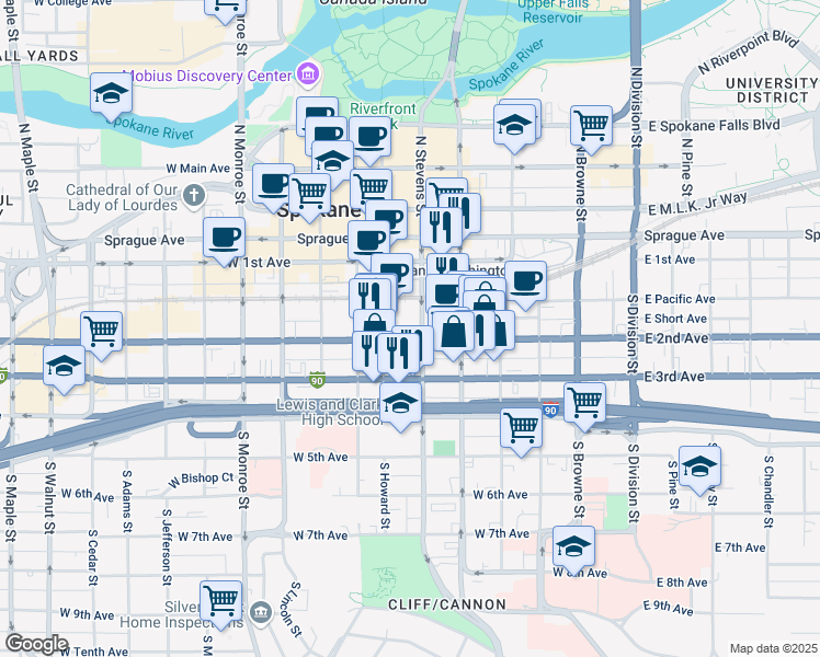map of restaurants, bars, coffee shops, grocery stores, and more near 506 West 2nd Avenue in Spokane