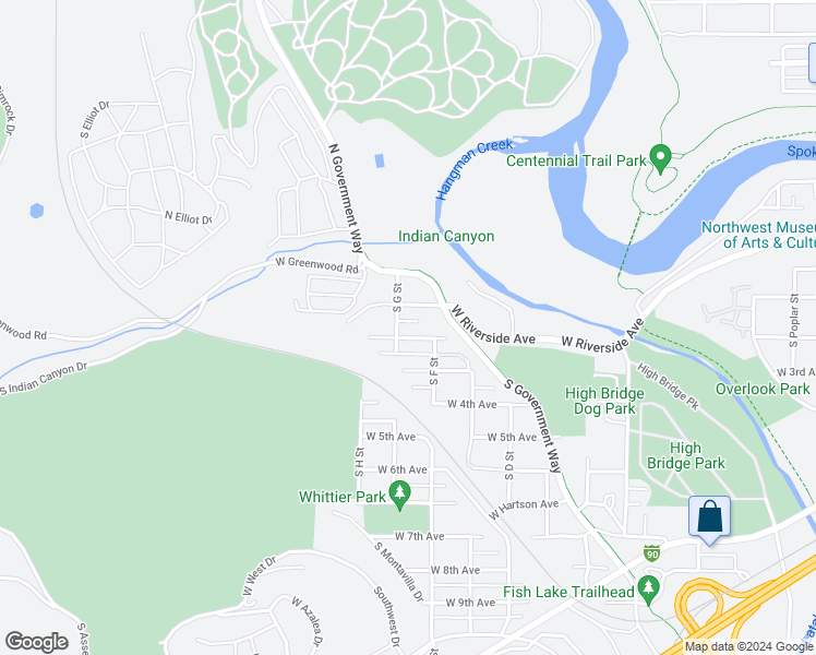 map of restaurants, bars, coffee shops, grocery stores, and more near 3420 West 2nd Avenue in Spokane