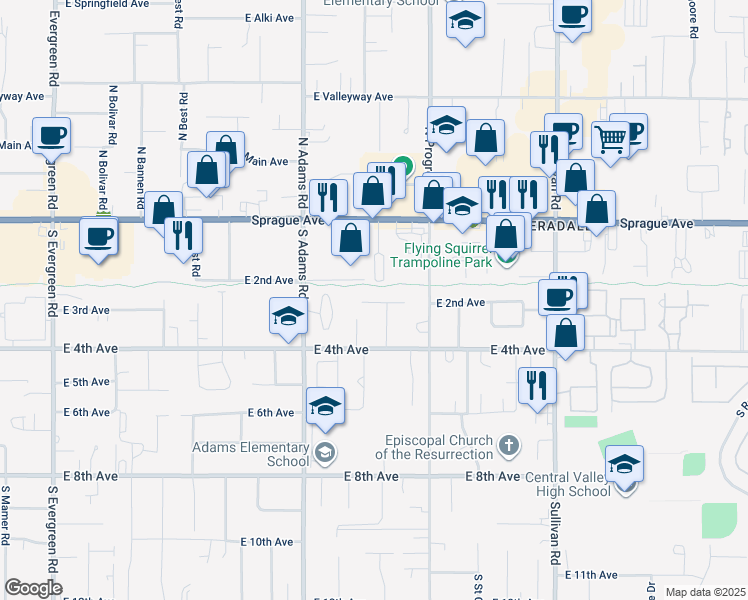 map of restaurants, bars, coffee shops, grocery stores, and more near 14913 East 2nd Avenue in Spokane Valley