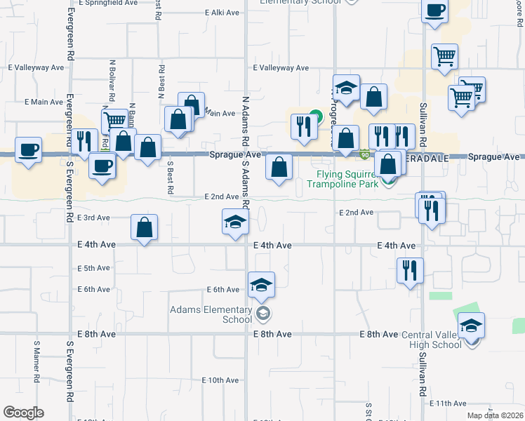 map of restaurants, bars, coffee shops, grocery stores, and more near 221 South Adams Road in Spokane Valley
