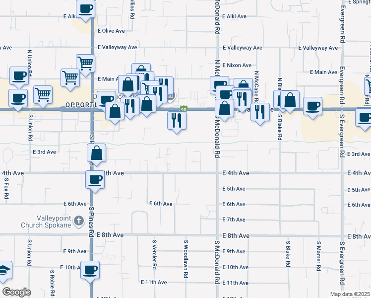 map of restaurants, bars, coffee shops, grocery stores, and more near 12909 East 2nd Lane in Spokane Valley