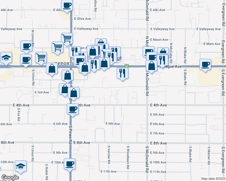 map of restaurants, bars, coffee shops, grocery stores, and more near 12709 East 3rd Avenue in Spokane Valley