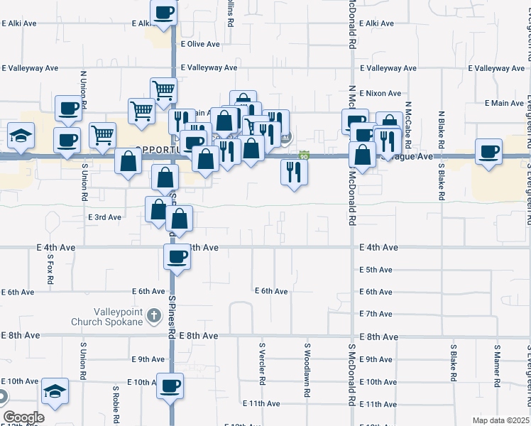 map of restaurants, bars, coffee shops, grocery stores, and more near 12709 East 3rd Avenue in Spokane Valley