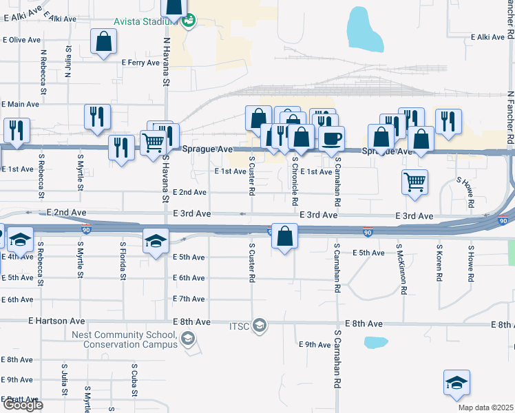 map of restaurants, bars, coffee shops, grocery stores, and more near 4624 East 2nd Avenue in Spokane Valley