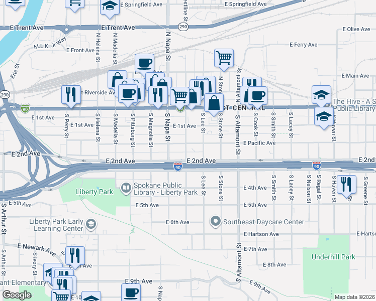 map of restaurants, bars, coffee shops, grocery stores, and more near 2102 East Pacific Avenue in Spokane