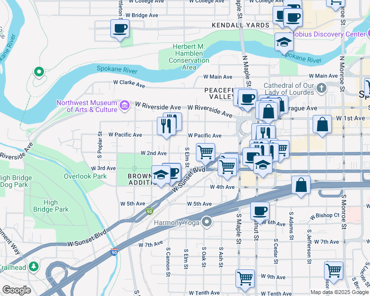 map of restaurants, bars, coffee shops, grocery stores, and more near 1919 West Pacific Avenue in Spokane