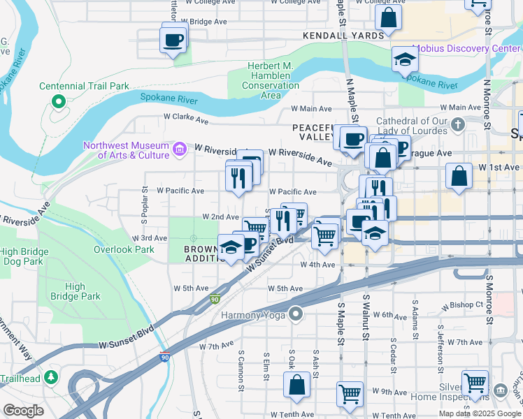 map of restaurants, bars, coffee shops, grocery stores, and more near 1919 West Pacific Avenue in Spokane