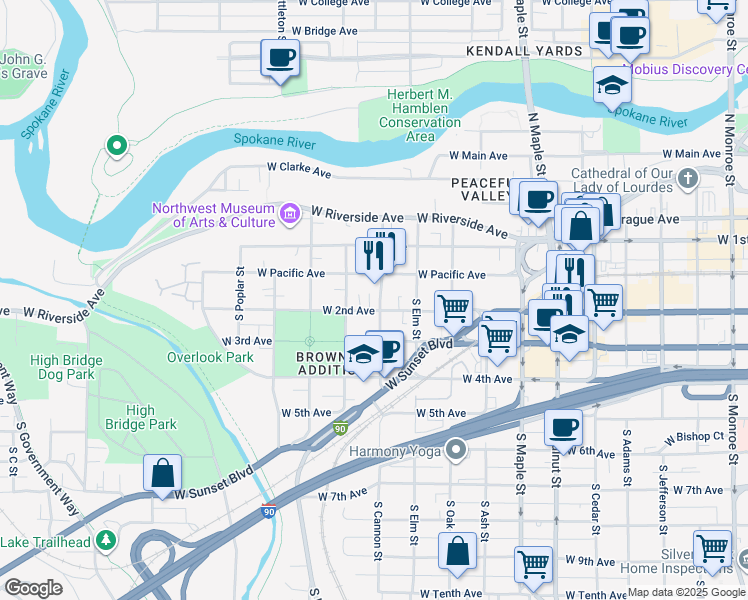 map of restaurants, bars, coffee shops, grocery stores, and more near 2010 West 2nd Avenue in Spokane