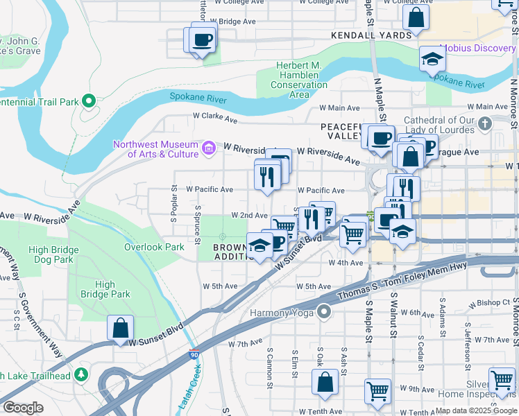 map of restaurants, bars, coffee shops, grocery stores, and more near 2010 West 2nd Avenue in Spokane