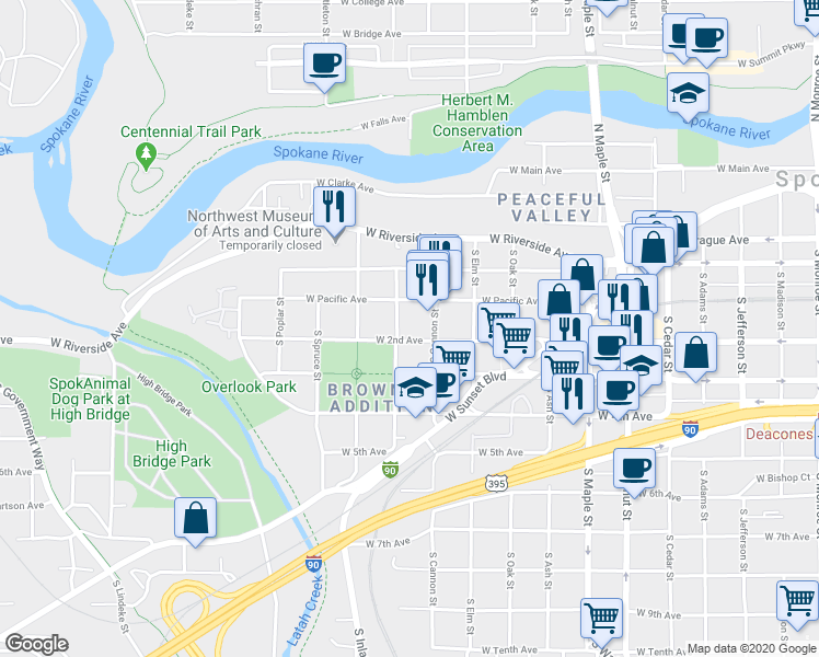 map of restaurants, bars, coffee shops, grocery stores, and more near 2010 West 2nd Avenue in Spokane