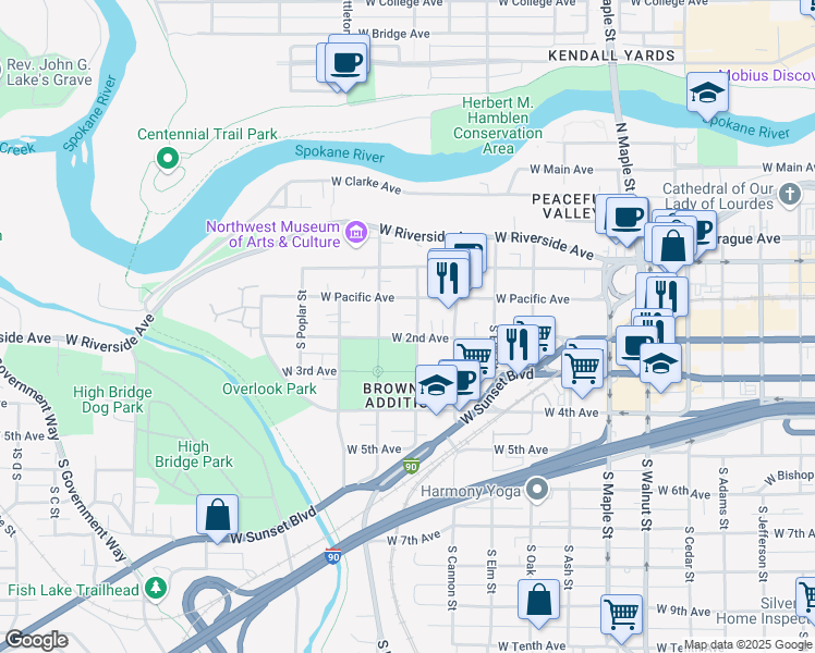 map of restaurants, bars, coffee shops, grocery stores, and more near 2118 West 2nd Avenue in Spokane