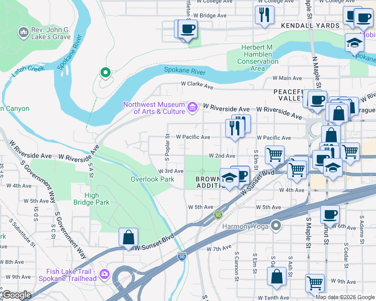 map of restaurants, bars, coffee shops, grocery stores, and more near 2222 West 2nd Avenue in Spokane