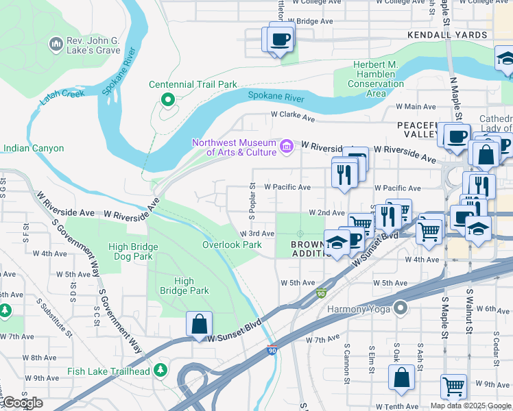 map of restaurants, bars, coffee shops, grocery stores, and more near 2314 West 2nd Avenue in Spokane