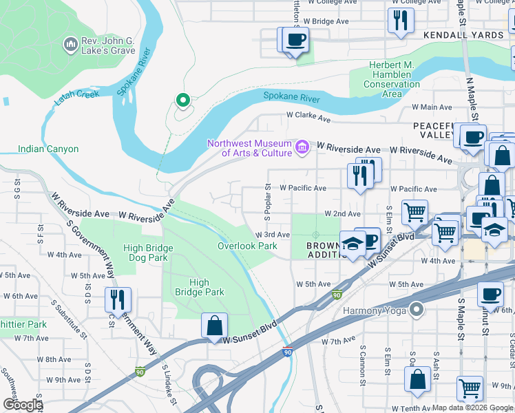 map of restaurants, bars, coffee shops, grocery stores, and more near 2418 West 2nd Avenue in Spokane
