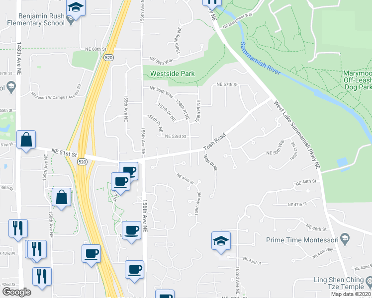 map of restaurants, bars, coffee shops, grocery stores, and more near 5120 159th Avenue Northeast in Redmond