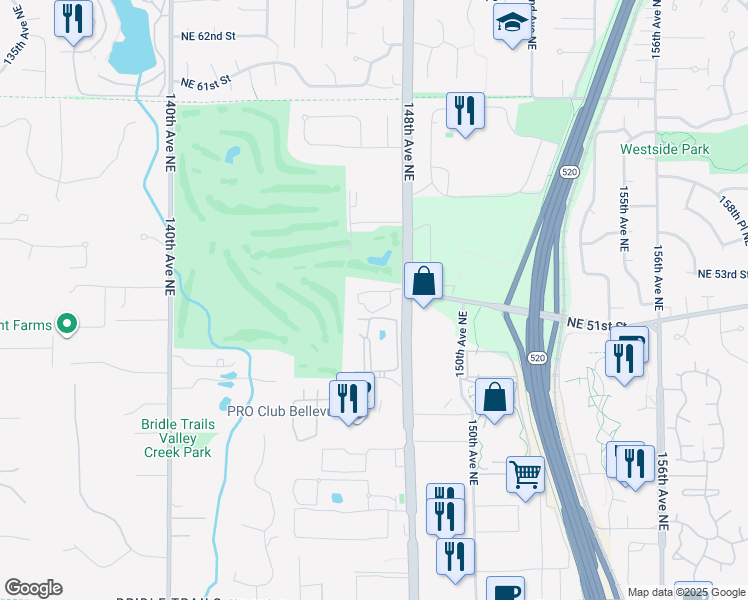 map of restaurants, bars, coffee shops, grocery stores, and more near 14635 Northeast 51st Place in Bellevue