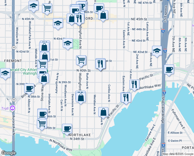 map of restaurants, bars, coffee shops, grocery stores, and more near 3923 Meridian Avenue North in Seattle