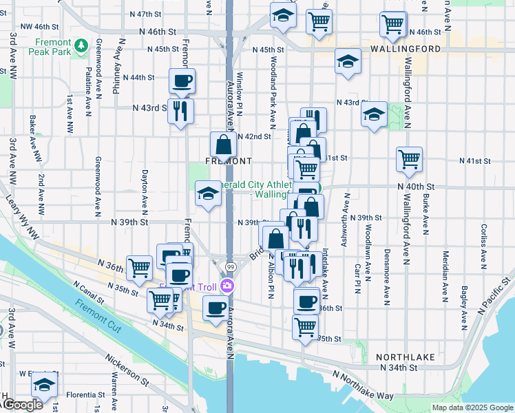 map of restaurants, bars, coffee shops, grocery stores, and more near 3926 Whitman Avenue North in Seattle