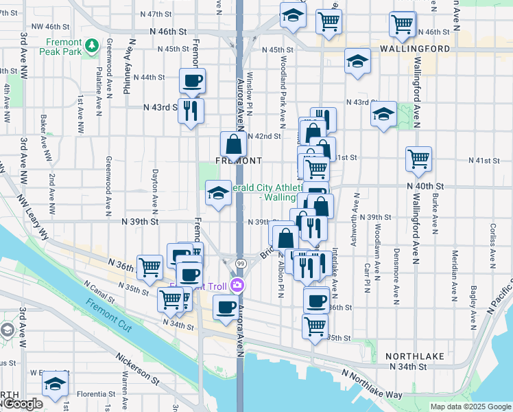 map of restaurants, bars, coffee shops, grocery stores, and more near 3926 Whitman Avenue North in Seattle
