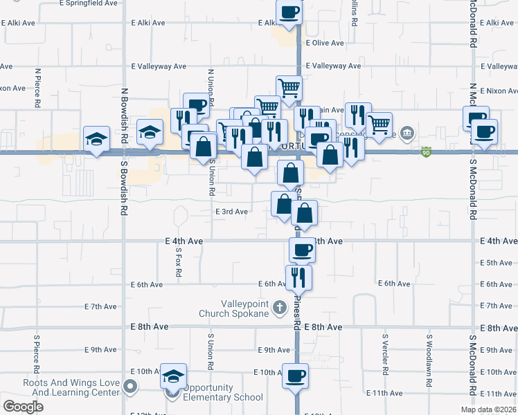 map of restaurants, bars, coffee shops, grocery stores, and more near 211 South Whipple Road in Spokane Valley