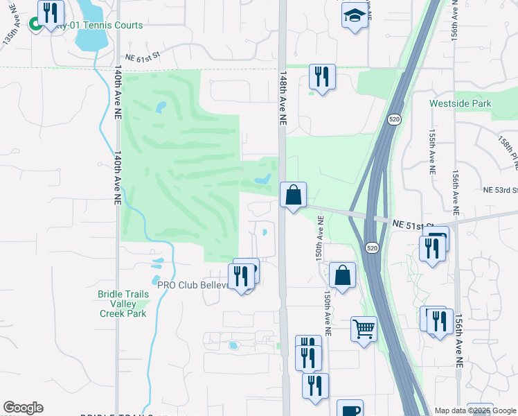 map of restaurants, bars, coffee shops, grocery stores, and more near 14635 Northeast 51st Place in Bellevue