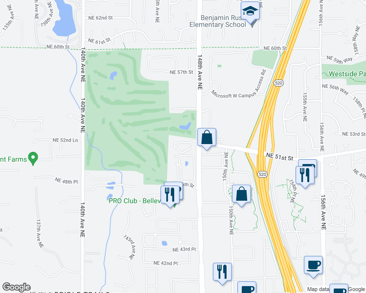 map of restaurants, bars, coffee shops, grocery stores, and more near 14702 Northeast 51st Street in Bellevue